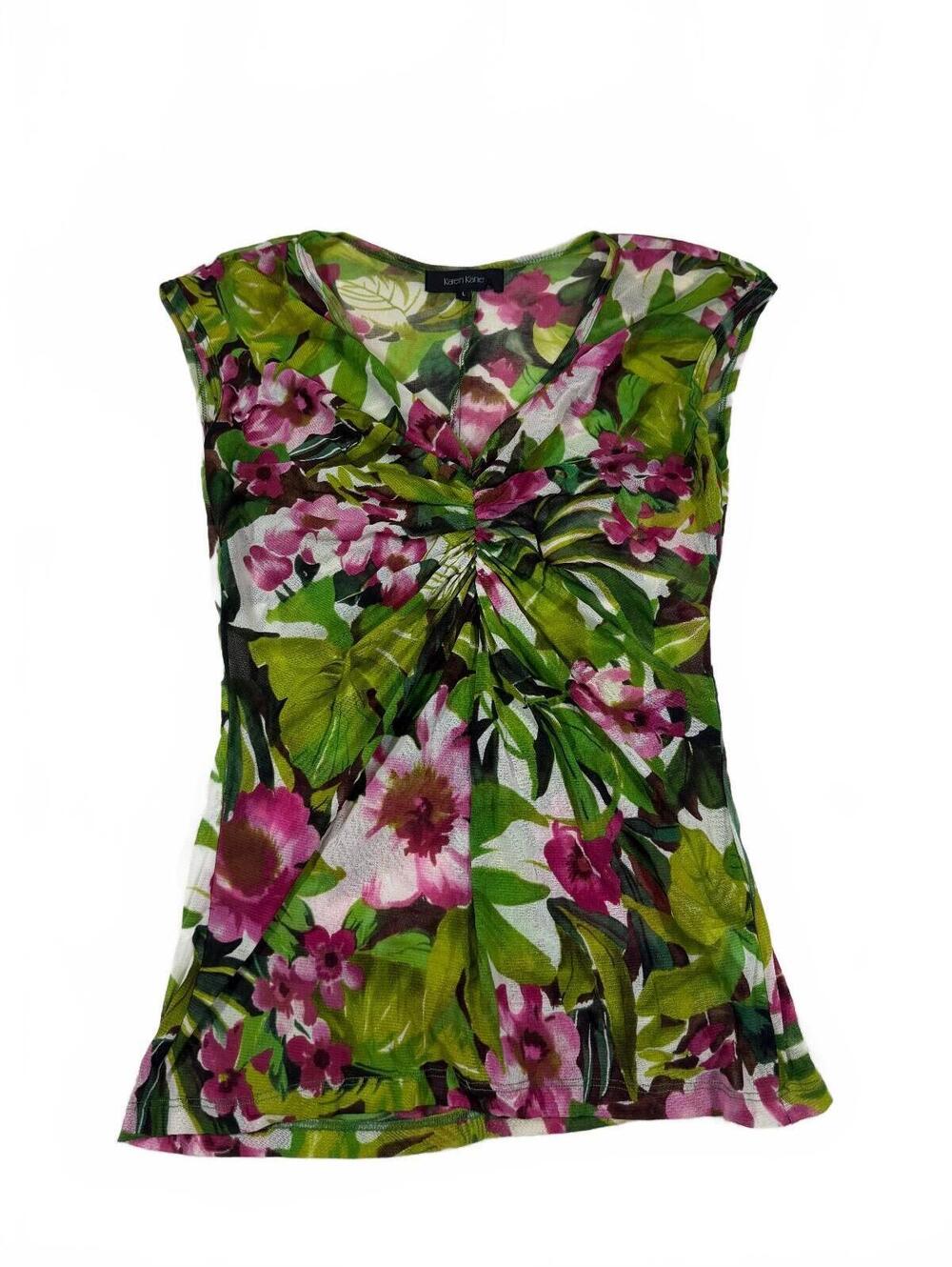 Karen Kane Women's 2000s Micromesh Pink and Green Floral Babydoll Blouse Size L